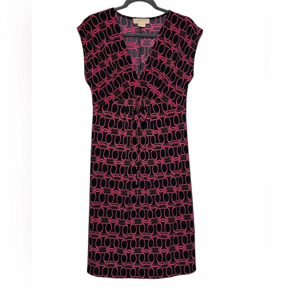 MICHAEL Michael Kors Dresses & Skirts - Michael Michael Kors Midi Dress Black Pink Designed V Neck W Bow Size Medium